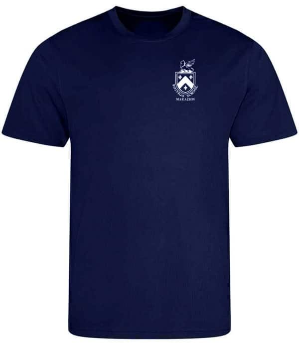 Polyester t-shirt with embroidered school logo and different house name